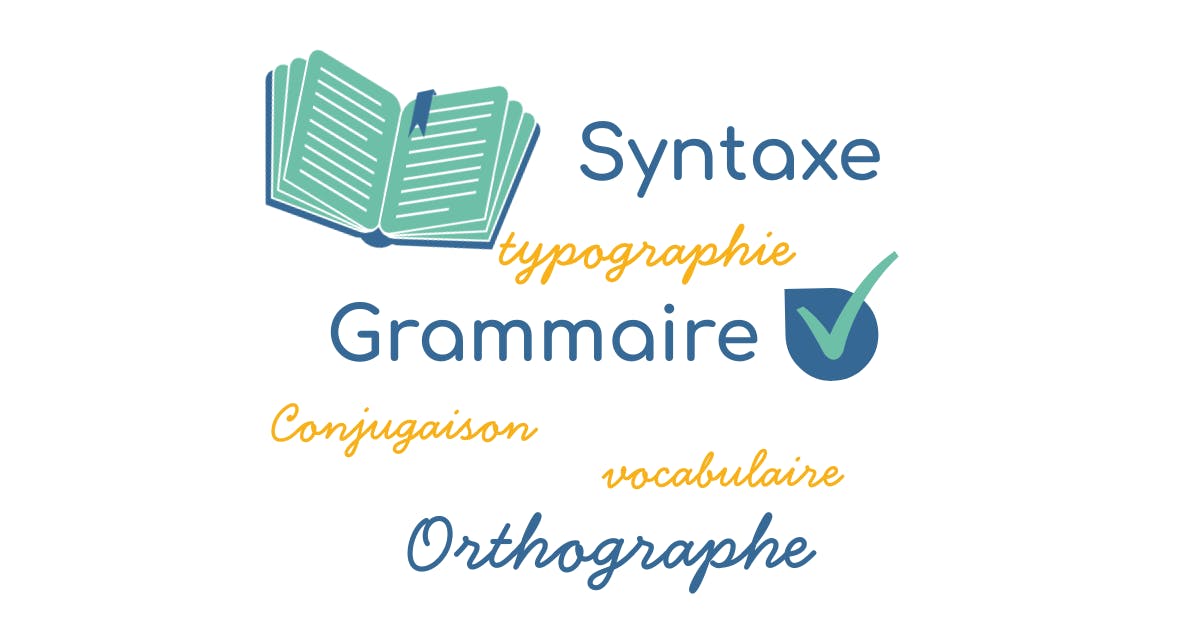 illustration livre et mots "syntaxe,orthographe,typographie,grammaire,conjugaison,vocabulaire